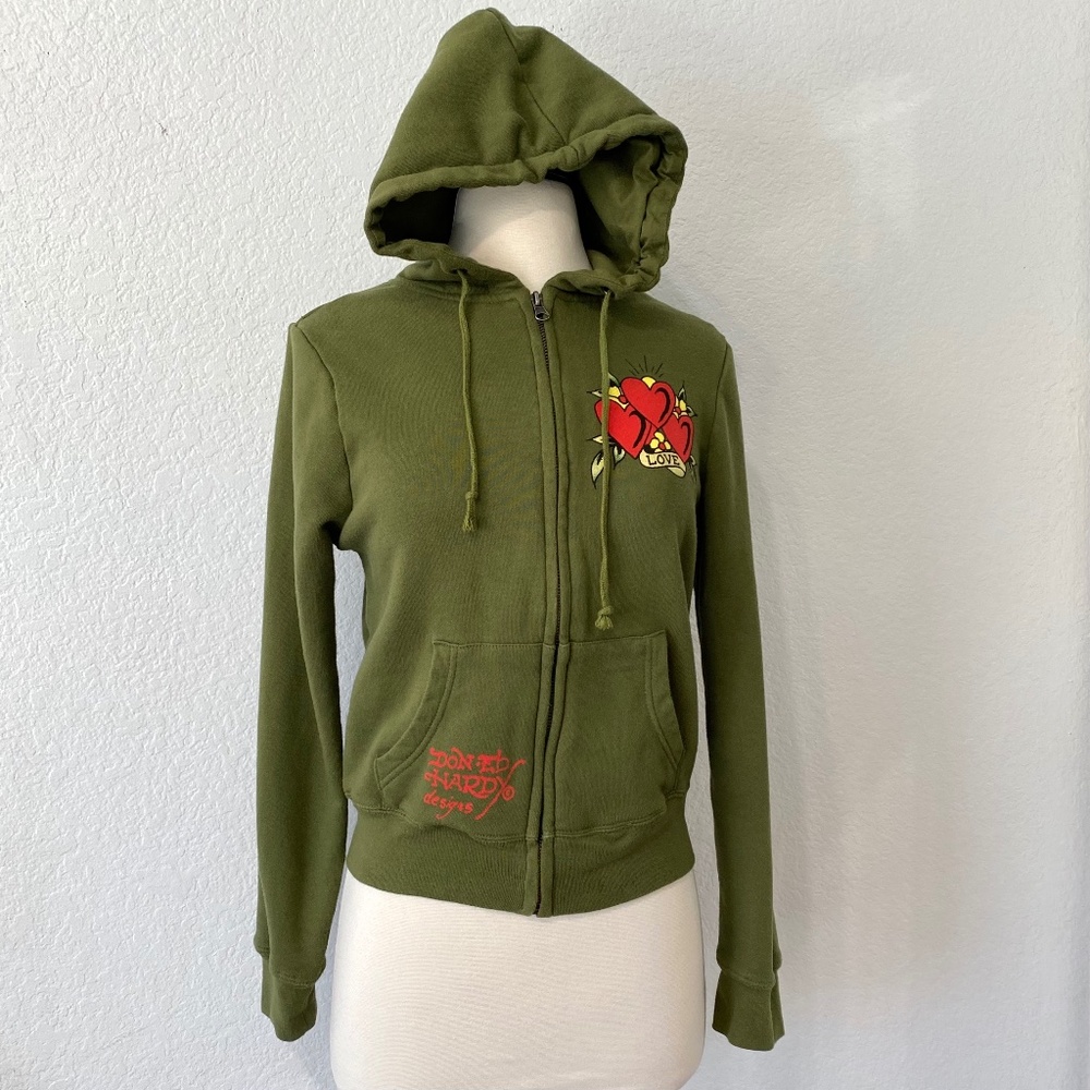 Y2K Ed Hardy Love Hearts Green Zipper Jacket Women's Small